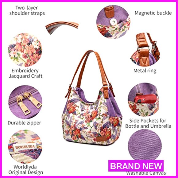 Canvas Hobo Tote Purse Multi Pocket Shoulder Bag Embroidery Ethnic Casual